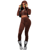 Womens Fashion Open Waist velvet Casual Hooded Ruched Two Piece Pants Set