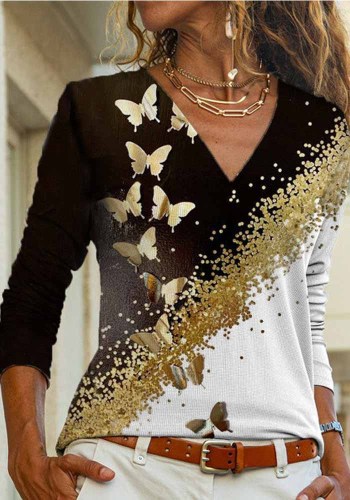 Женская осенне-зимняя мода Повседневная футболка с v-образным вырезом с принтом Блузка