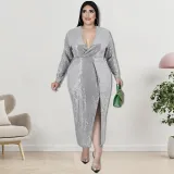 Plus Size Autumn Women's Velvet Bottom Embroidered Sequin Dress
