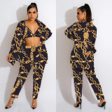 Women's Fashion Long Sleeve Collar Jacket Lined Trousers Three-Piece