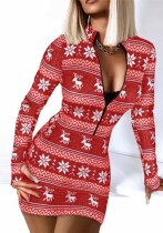 Autumn/Winter Printed Christmas V-Lead Zip Long Sleeve Christmas Women's Dress