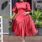 Women's Pleated African Plus Size Fashion Puff Sleeve Dress