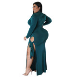 Fall/Winter Plus Size Women's Sexy Slit Lace-Up Long Sleeve Dress