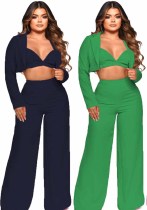 Women's Autumn/Winter Bikini Cardigan Solid Color Wide Leg Pants Three-Piece