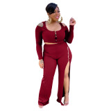 Fall Winter Plus Size Women's Fashion Set High Stretch Ribbed Long Sleeve Two Piece
