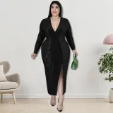 Plus Size Autumn Women's Velvet Bottom Embroidered Sequin Dress