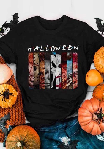 Camiseta de cuello redondo con estampado de película de terror de Halloween