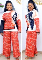 Herbst/Winter African Plus Size Damen zweiteiliger Patchwork-Anzug mit lässigem Druck