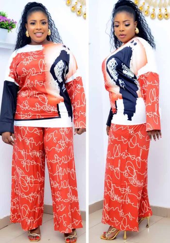 Fall/Winter African Plus Size Women's Two Piece Casual Print Patchwork Suit