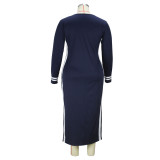 Boutique Fall Winter Plus Size Round Neck Long Sleeve Striped Color Block Long Dress