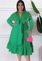 Solid Lace-Up Bow Shirt Sleeves Loose Casual Ruffle Plus Size Dress