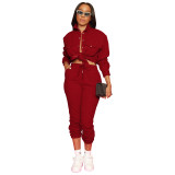 Women's Fall/Winter Button-Up Shirt Trousers fleece Suit Solid Color Stretch Two Piece