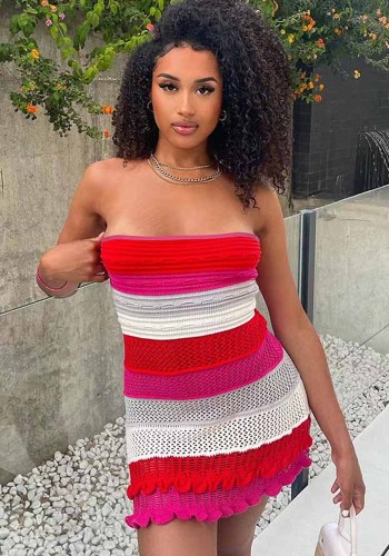 Women Sexy Contrast Striped Off Shoulder Lace Dress