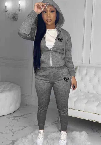 Women Printed Zip Hoodies + Pant Two-Piece Set