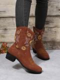 Women Winter Chunky Heel Flat Embroidered Sunflower Boots