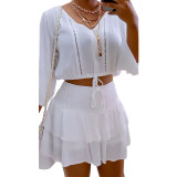 Women Casual V-Neck Pleated Long Sleeve Top+Mini Skirt Two-Piece Set