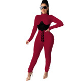 Women Casual Color Contrast Long Sleeve Top+Pant Two Piece