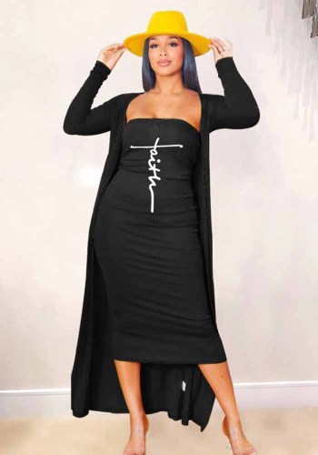 Dames herfstjurk met lange mouwen + print strapless maxi-jurk tweedelig