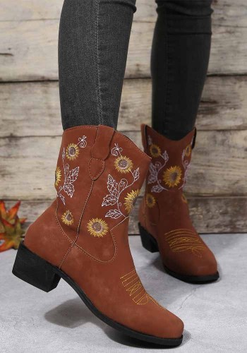 女性の冬の分厚いヒール フラット刺繍ひまわりブーツ