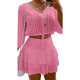 Women Casual V-Neck Pleated Long Sleeve Top+Mini Skirt Two-Piece Set