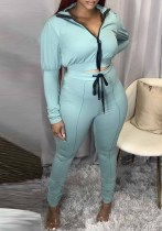 Women Zip Pleated Long Sleeve Top+Pant Two Piece