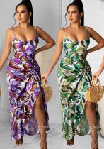 Women Summer Sexy Strap Dress Irregular Print Long Dress