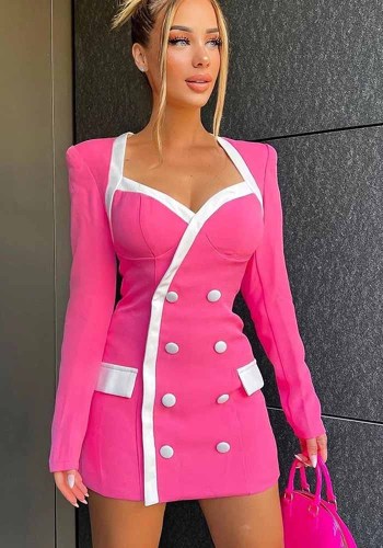 Kadın Sonbahar/Kış Kare Yaka Renk Kontrast Düğmeli Uzun Kollu Mini Elbise