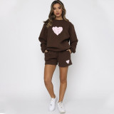 Fall Winter Casual Round Neck Shorts Set Women'S Letter Hearts Print Long Sleeve Hoodies Outfit