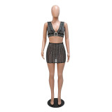 Sexy Camisole Deep V Vest With Sexy Skirt Beaded Two-Piece Women'S Set