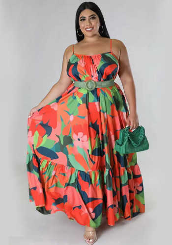 夏のセクシーなプラスのサイズの女性のファッション プリント ストラップ ロング マキシ ドレス