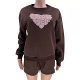 Herbst Winter Casual Rundhals Shorts Set Damen Letter Hearts Print Langarm Hoodies Outfit