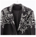 Women Spring Autumn One Button Long Sleeve Turndown Collar Beaded Black Fur Slim Fit Jacket
