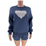 Fall Winter Casual Round Neck Shorts Set Women'S Letter Hearts Print Long Sleeve Hoodies Outfit