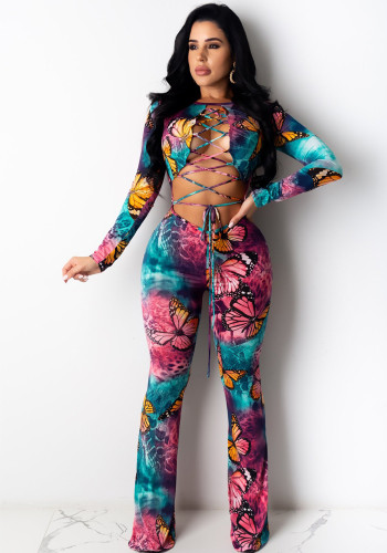Women'S Sexy Lace-Up Butterfly Print Long Sleeve Jumpsuit