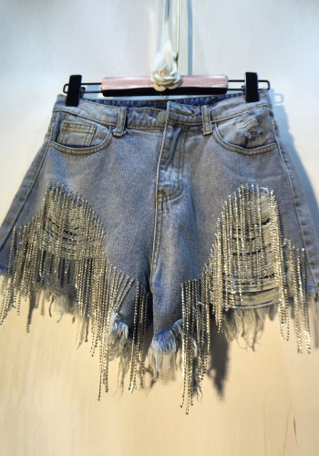 Pantalones cortos de mezclilla rectos ajustados con cadena de borlas de diamantes de imitación de cintura alta rasgados de verano para mujer