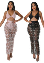 Sexy Strap V-Neck Low Back Stylish Fashion Split Fringed Sequin Nightclub Dress