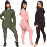 Solid Color Slit Hooded Two-Piece Tracksuits Women'S Clothing
