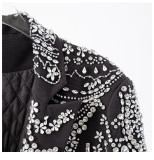 Women Spring Autumn One Button Long Sleeve Turndown Collar Beaded Black Fur Slim Fit Jacket