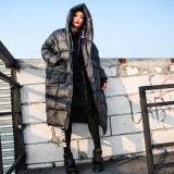 Kadın Kış Gevşek Artı Boyutu Uzun Kapşonlu Yastıklı Ceket Üzeri Diz Aşağı Ceket