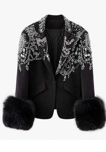 Giacca da donna a maniche lunghe con un bottone a maniche lunghe, autunno-inverno, con perline, in pelliccia nera, giacca slim fit