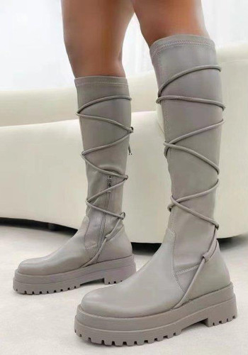 Nouvelles bottes à plateforme en cuir à lacets d'automne bottes à plateforme de couleur unie pour femmes