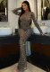 Ladies Fashion Sexy Mesh Beaded Long Sleeve Ladies Nightclub Dress