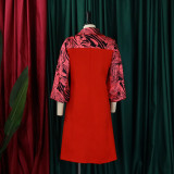 Plus Size Damen Herbst/Winter Print Patchwork Umlegekragen Kleid