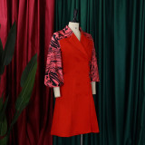 Plus Size Damen Herbst/Winter Print Patchwork Umlegekragen Kleid