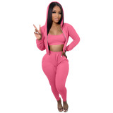 Women Solid Color Tank Top + Jacket + Pant Three-Piece