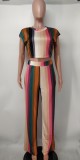 Women Striped Print Short Sleeve Top And Wide Leg Pants Two Piece