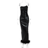 Women Fall Pu Leather Strapless fake fur Slit Dress