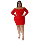 Plus Size Women Fall Off Shoulder Long Sleeve Bodycon Dress