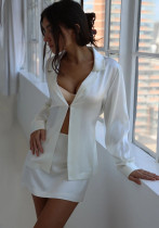 Cárdigan sexy de color sólido para mujer Top con botones + Falda de cintura alta Conjunto de dos piezas