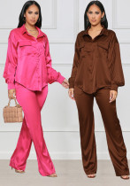 Women Satin Long Sleeve Shirt + Pants Two Piece Set